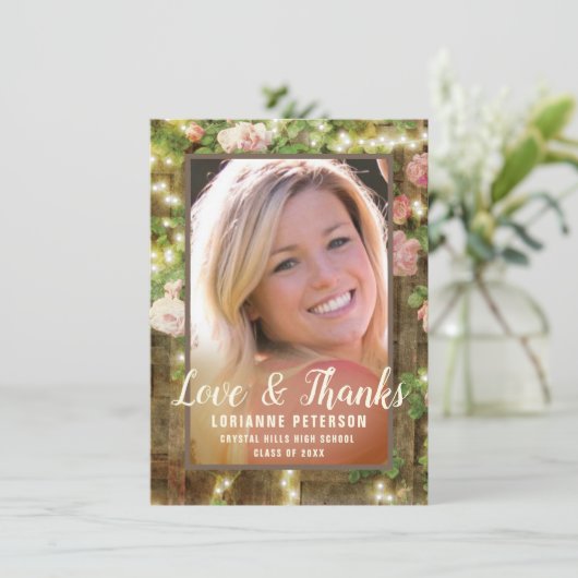 Afstuderen Rustige Rozen Floral String Lights Bedankkaart (Staand voorkant)