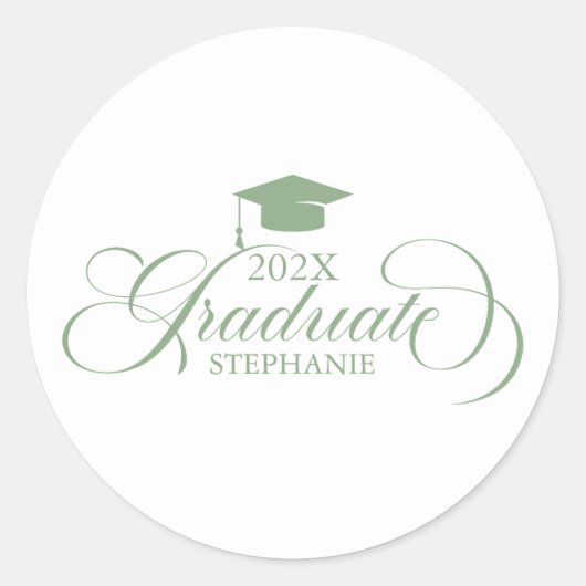 Afstuderen Sage Groene Script Typografie Ronde Sticker (Voorkant)
