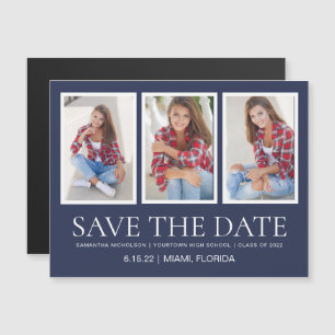 Afstuderen Save Date 4 Photo Navy Blue White Magnetische Uitnodiging