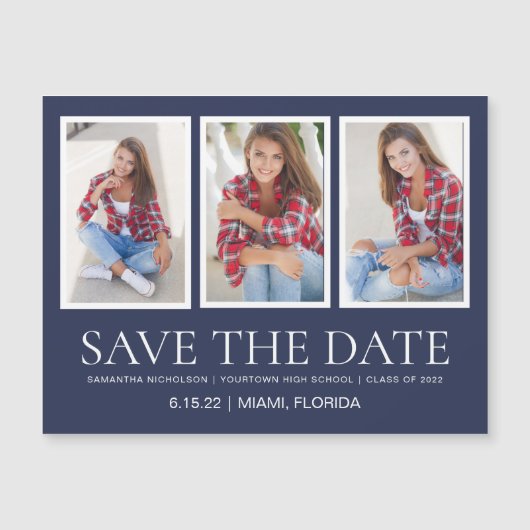 Afstuderen Save Date 4 Photo Navy Blue White Magnetische Uitnodiging (Voorkant)