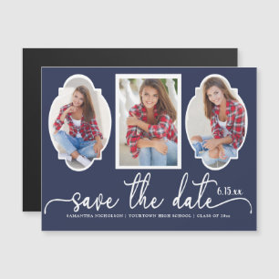 Afstuderen Save Date Cute 4 Photo Navy Blue White Magnetische Uitnodiging