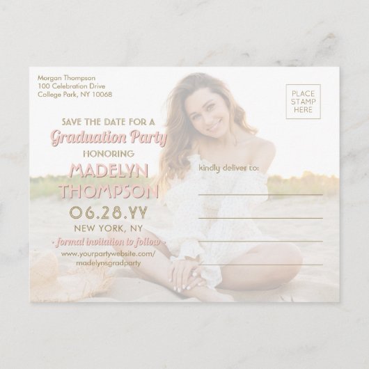 Afstuderen Save the Date 2 Photo Blush Pink & Gold Aankondigingskaart (Achterkant)
