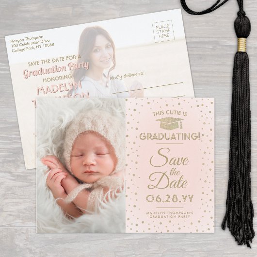 Afstuderen Save the Date 2 Photo Blush Pink & Gold Aankondigingskaart