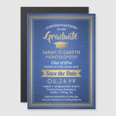 Afstuderen Save the Date Brushed Royal Blue & Gold Magnetische Uitnodiging (Voorkant / Achterkant)