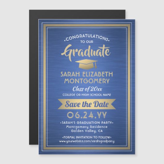 Afstuderen Save the Date Brushed Royal Blue & Gold Magnetische Uitnodiging (Voorkant / Achterkant)