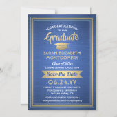 Afstuderen Save the Date Brushed Royal Blue & Gold Magnetische Uitnodiging (Voorkant)