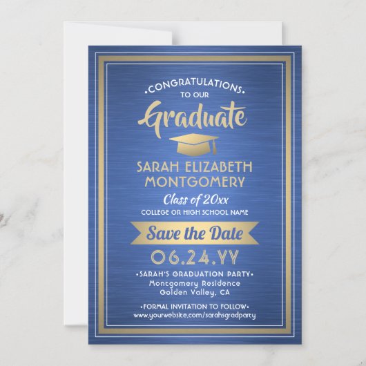 Afstuderen Save the Date Brushed Royal Blue & Gold Magnetische Uitnodiging (Voorkant)
