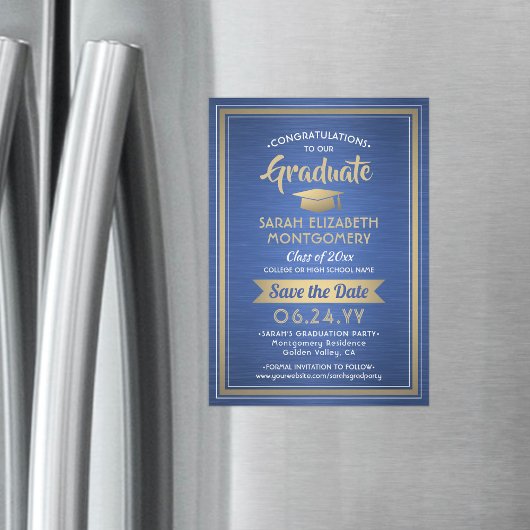 Afstuderen Save the Date Brushed Royal Blue & Gold Magnetische Uitnodiging