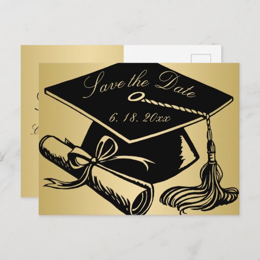 Afstuderen Save the Date Gold met Afstudeerder Pet Aankondigingskaart (Voorkant / Achterkant)