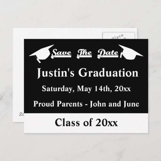 Afstuderen Save The Date Kaart Wit en Zwart (Voorkant / Achterkant)