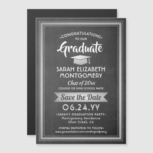 Afstuderen Save the Date Krijtbord Grijs en Wit Magnetische Uitnodiging (Voorkant / Achterkant)