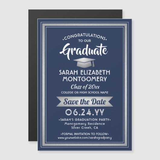 Afstuderen Save the Date Marineblauw en wit Magnetische Uitnodiging (Voorkant / Achterkant)