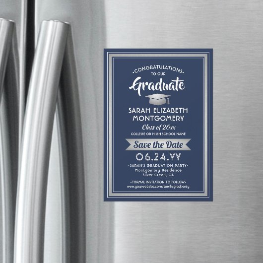 Afstuderen Save the Date Marineblauw en wit Magnetische Uitnodiging