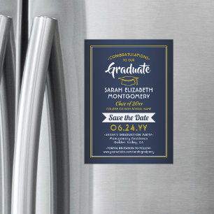 Afstuderen Save the Date Navy Blue and Gold Yellow Magnetische Uitnodiging