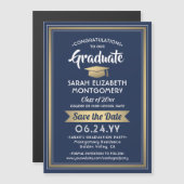 Afstuderen Save the Date Navy Blue White en Gold Magnetische Uitnodiging (Voorkant / Achterkant)