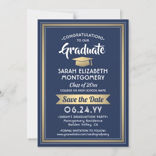 Afstuderen Save the Date Navy Blue White en Gold Magnetische Uitnodiging (Voorkant)