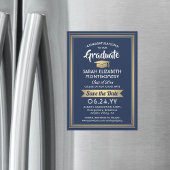 Afstuderen Save the Date Navy Blue White en Gold Magnetische Uitnodiging