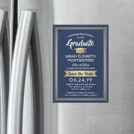 Afstuderen Save the Date Navy Blue White en Gold Magnetische Uitnodiging