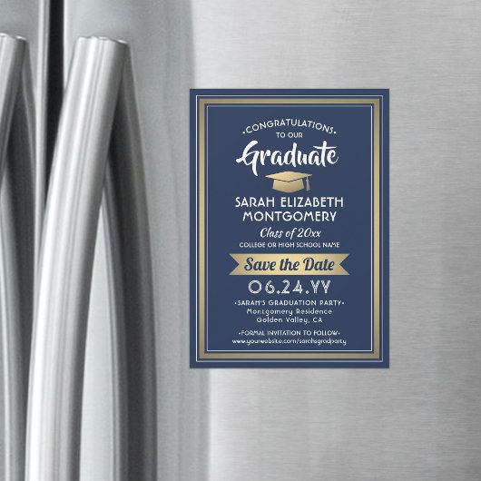Afstuderen Save the Date Navy Blue White en Gold Magnetische Uitnodiging