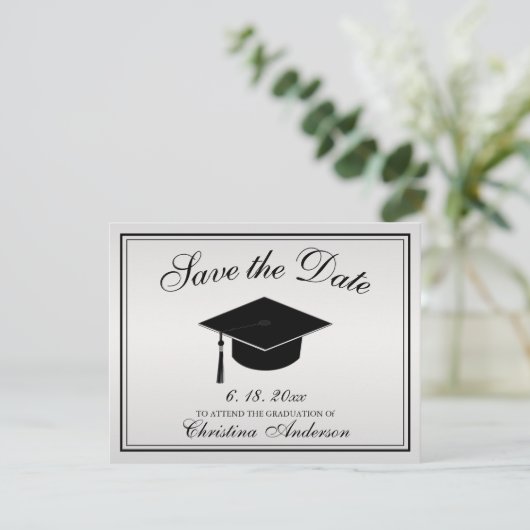 Afstuderen Save the Date Silver Black Script Pet Aankondiging (Staand voorkant)