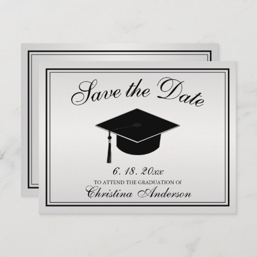 Afstuderen Save the Date Silver Black Script Pet Aankondiging (Voorkant / Achterkant)