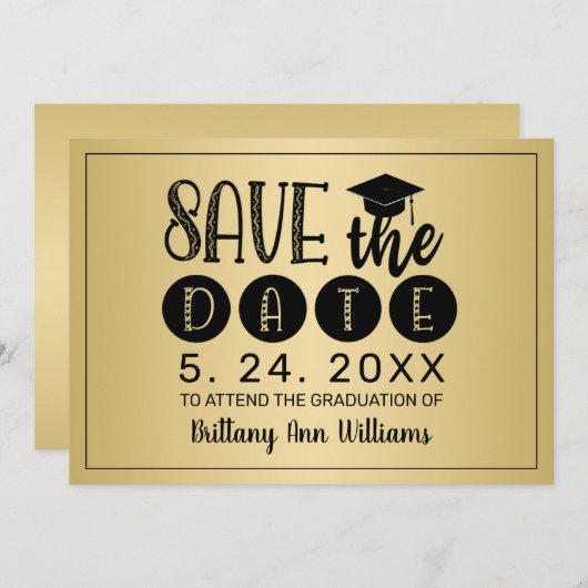 Afstuderen Save the Date Zwart Typografie Goud Aankondiging (Voorkant / Achterkant)