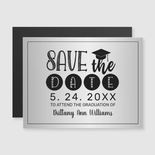 Afstuderen Save the Date Zwart Typografie Zilver (Voorkant / Achterkant)