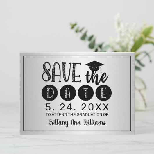 Afstuderen Save the Date Zwart Typografie Zilver Aankondiging (Staand voorkant)