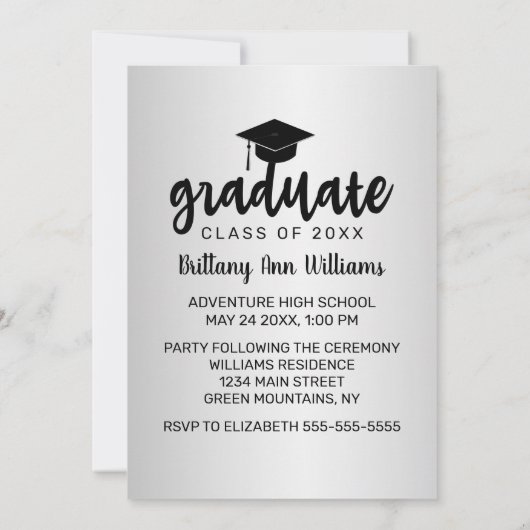 Afstuderen Save the Date Zwart Typografie Zilver Aankondiging (Achterkant)