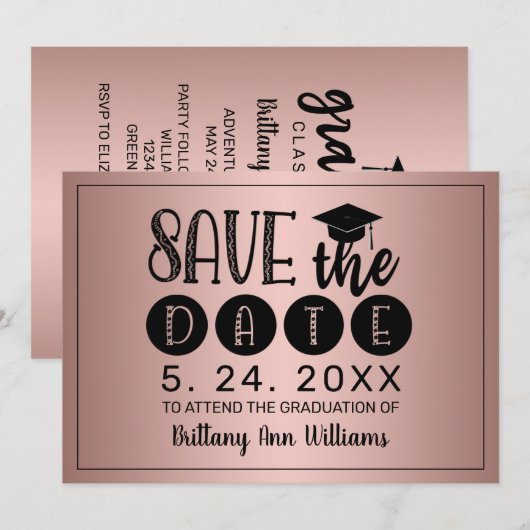 Afstuderen Save the Date Zwarte Typografie Roos Aankondiging (Voorkant / Achterkant)