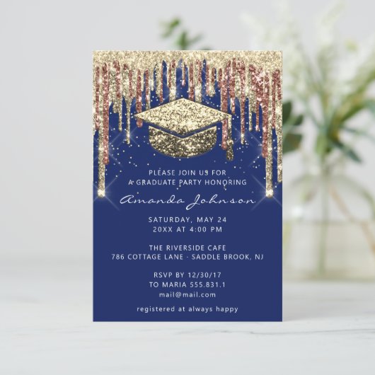 Afstuderen schijven Glitter Blue Gold Confetti Kaart (Staand voorkant)