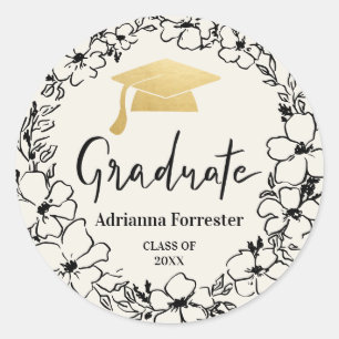 Afstuderen script Afstudeerder Pet Gold Floral Ronde Sticker