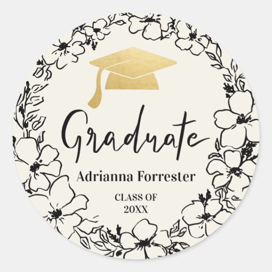 Afstuderen script | Afstudeerder Pet Gold Floral Ronde Sticker (Voorkant)
