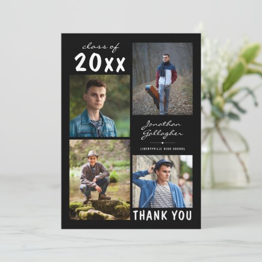 Afstuderen Script Bold Photo Collage Black Bedankkaart (Staand voorkant)