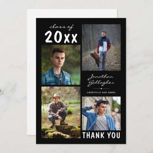 Afstuderen Script Bold Photo Collage Black Bedankkaart (Voorkant / Achterkant)