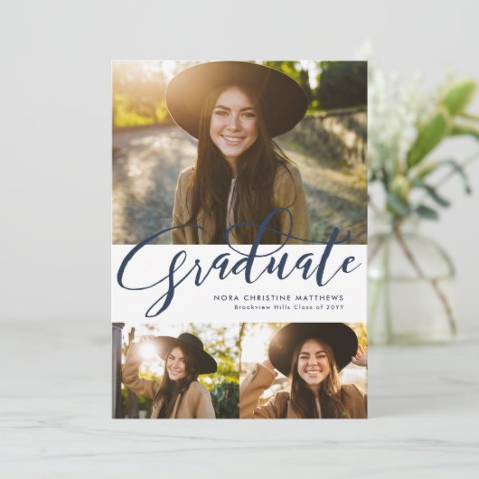 Afstuderen script drie foto marineblauw afstuderen kaart (Staand voorkant)