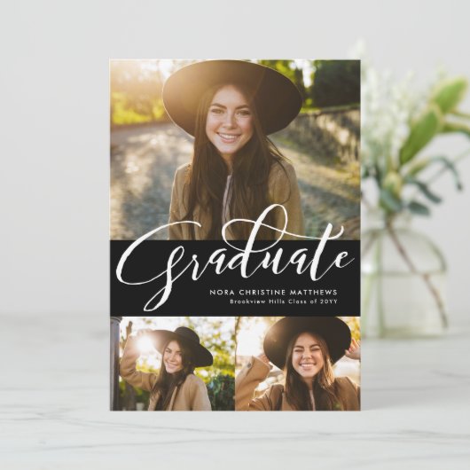 Afstuderen script drie foto zwart afstuderen kaart (Staand voorkant)