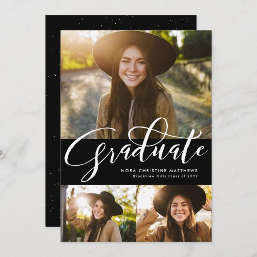 Afstuderen script drie foto zwart afstuderen kaart (Voorkant / Achterkant)