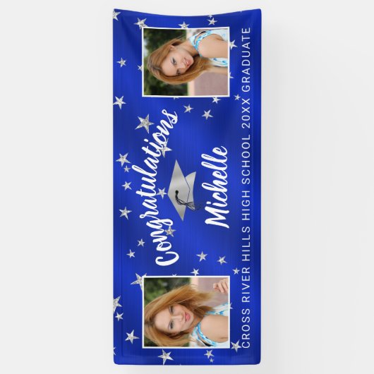 Afstuderen Script Foto Royal Blue Silver Stars Spandoek (Verticaal)