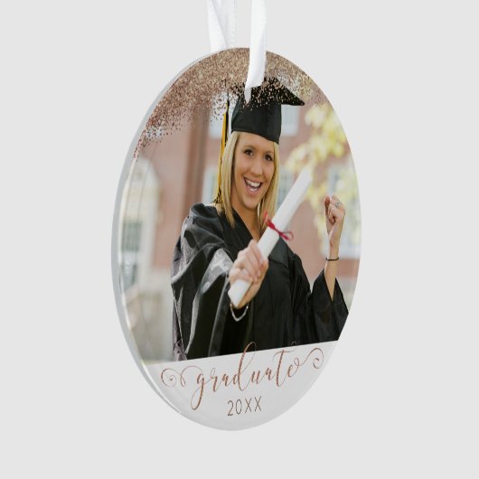 Afstuderen Script Koper Blush Goud Glitter Foto Ornament (voorkant)