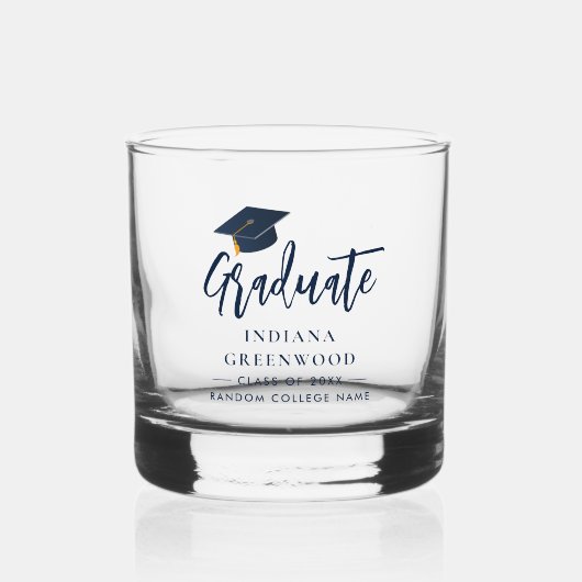 Afstuderen Script Navy Blue gepersonaliseerde aand Whisky Glas (Voorkant)