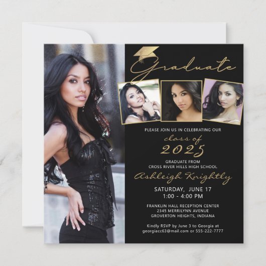 Afstuderen Script Pet 4 Foto Zwart Goud Confetti (Voorkant)