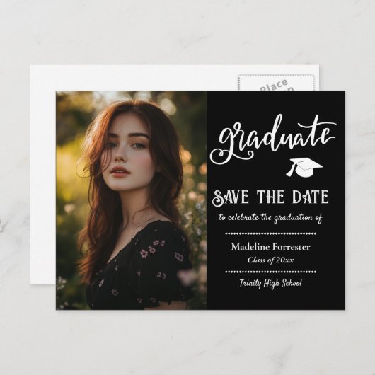 Afstuderen-script | Sla de datum Afstudeerder foto Aankondigingskaart (Voorkant / Achterkant)