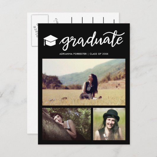 Afstuderen Script Zwart Afstuderen Fotocollage Uitnodiging Briefkaart (Voorkant / Achterkant)