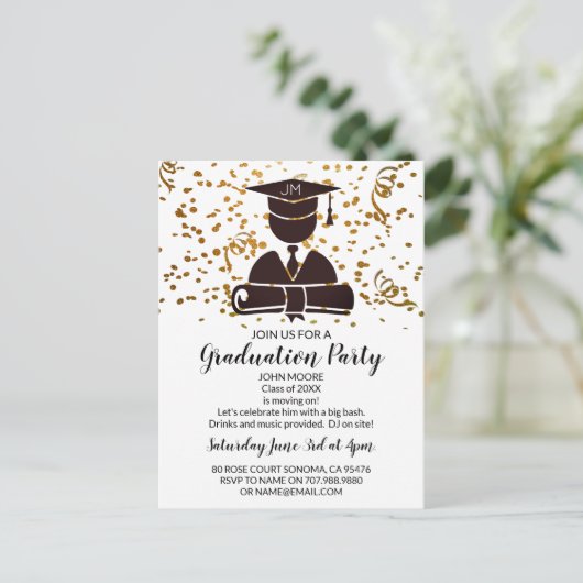 Afstuderen Silhouette Diploma en Confetti Uitnodiging Briefkaart (Staand voorkant)