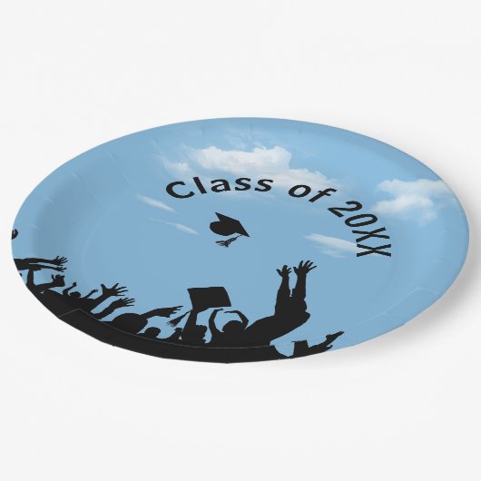 Afstuderen silhouettes op blauwe hemel papieren bordje (Gekanteld)