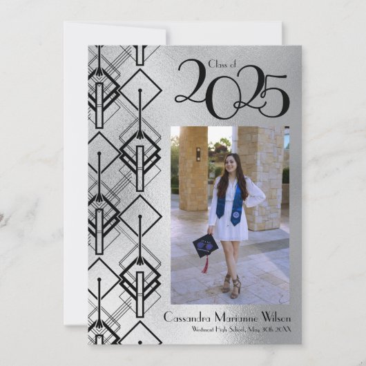 Afstuderen Silver Art Deco Black kondiging Kaart (Voorkant)