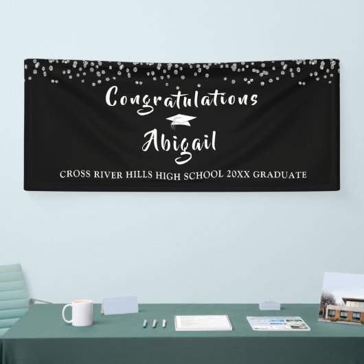 Afstuderen Silver Confetti Brush Script Zwart Spandoek (Beurs)
