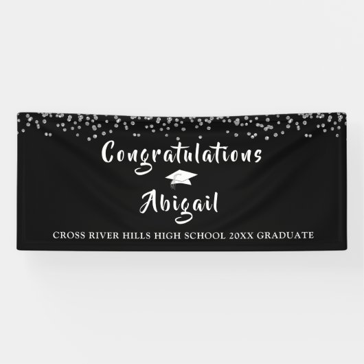Afstuderen Silver Confetti Brush Script Zwart Spandoek (Horizontaal)