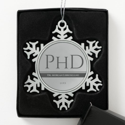 Afstuderen Silver Name Jaar PhD Tin Sneeuwvlok Ornament (Kistje)